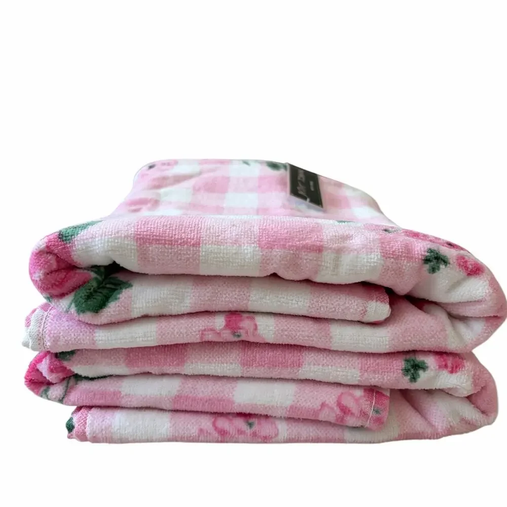 Betsey Johnson Pink Gingham Floral Towels 3pc Set 2 Bath 1 Hand 100% Cotton NEW